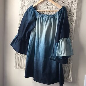 Tie dye ikat blues handmade tunic top or dress with ruffled sleeves sz m…